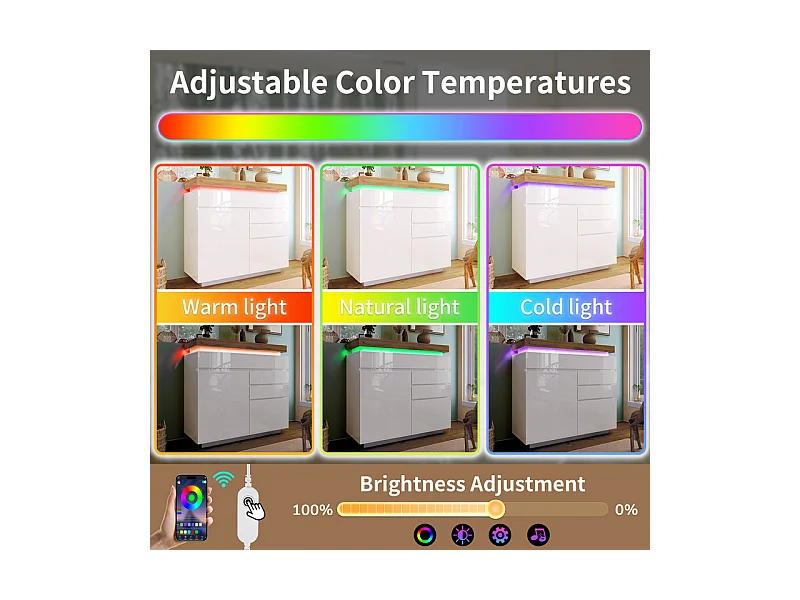 Commode 3 tiroirs, avec 2 portes et RGB LED, espace de rangement réglables, brillant, Blanc, 110x39x115cm