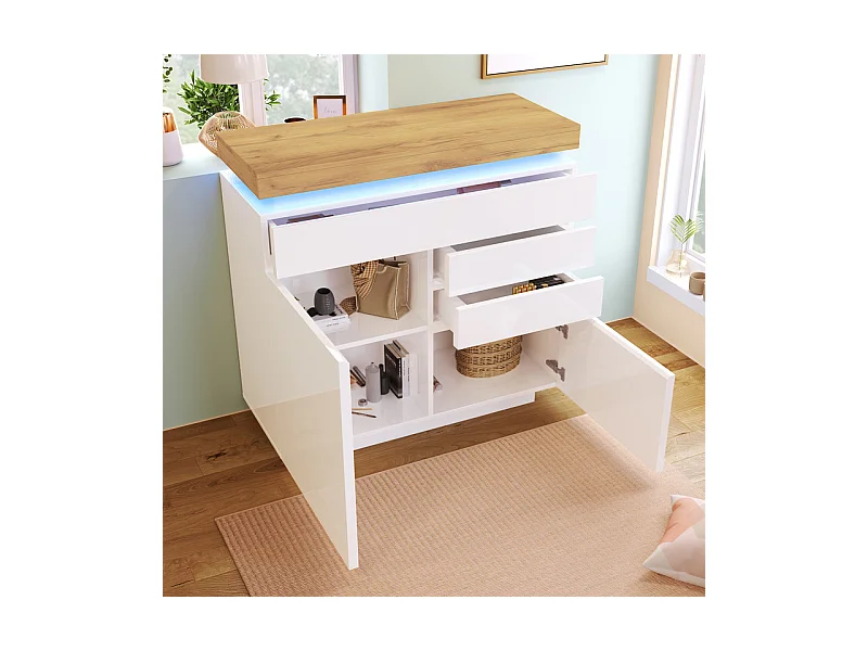 Commode 3 tiroirs, avec 2 portes et RGB LED, espace de rangement réglables, brillant, Blanc, 110x39x115cm
