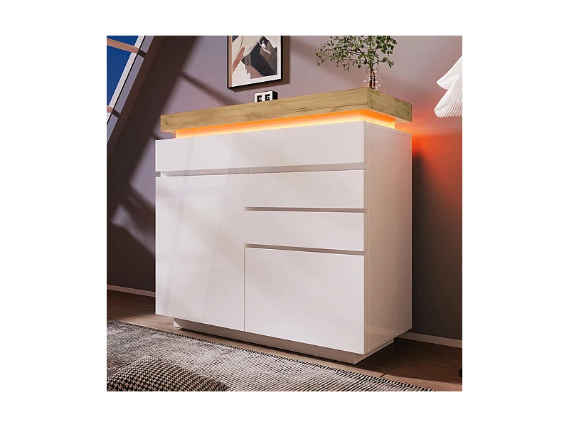 Commode 3 tiroirs, avec 2 portes et RGB LED, espace de rangement réglables, brillant, Blanc, 110x39x115cm