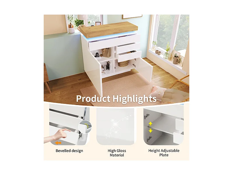 Commode 3 tiroirs, avec 2 portes et RGB LED, espace de rangement réglables, brillant, Blanc, 110x39x115cm