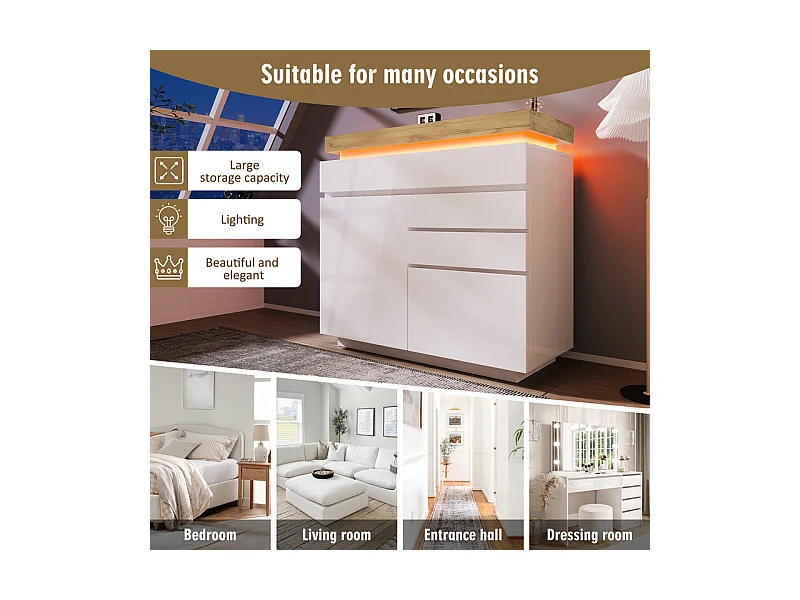 Commode 3 tiroirs, avec 2 portes et RGB LED, espace de rangement réglables, brillant, Blanc, 110x39x115cm