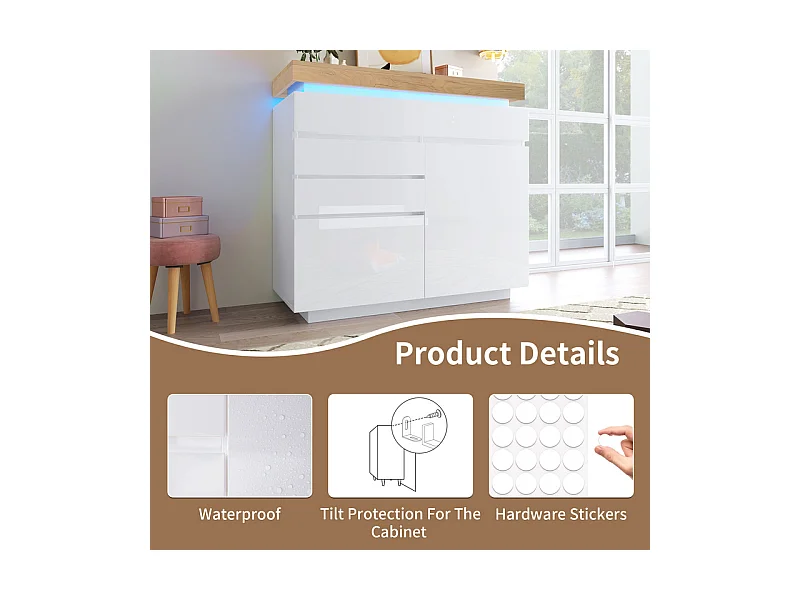 Commode 3 tiroirs, avec 2 portes et RGB LED, espace de rangement réglables, brillant, Blanc, 110x39x115cm