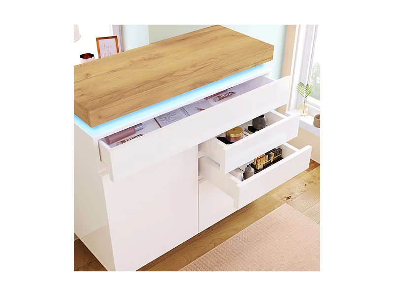 Commode 3 tiroirs, avec 2 portes et RGB LED, espace de rangement réglables, brillant, Blanc, 110x39x115cm