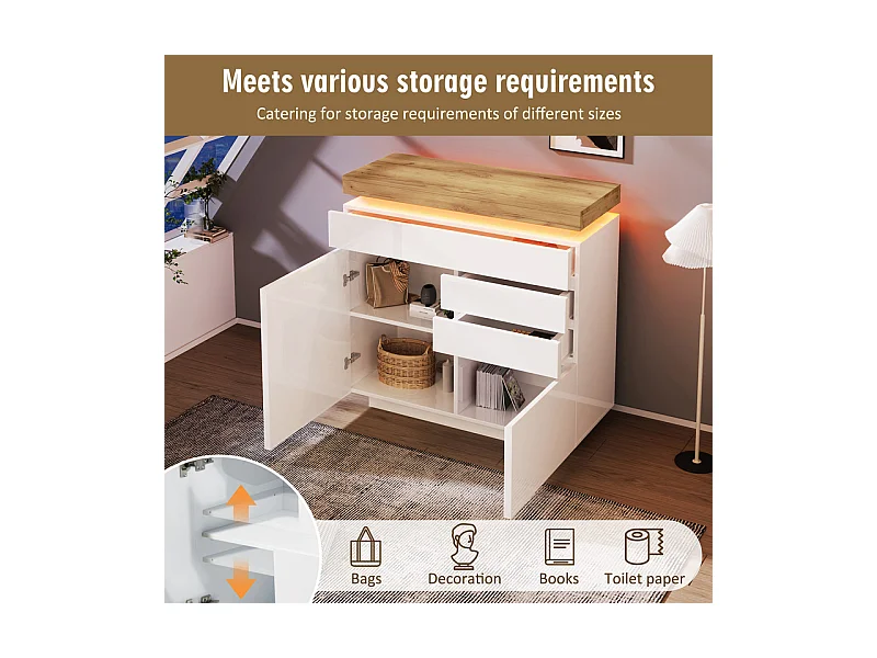 Commode 3 tiroirs, avec 2 portes et RGB LED, espace de rangement réglables, brillant, Blanc, 110x39x115cm