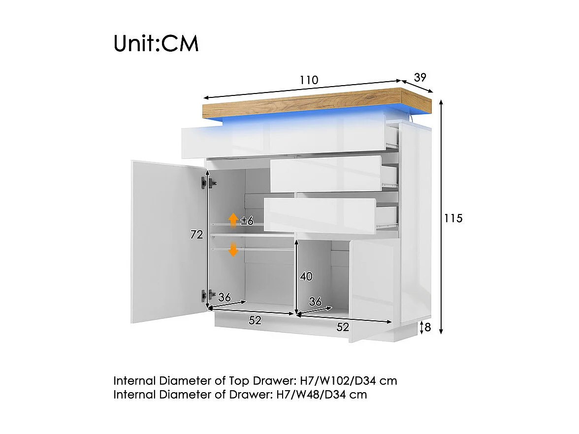 Commode 3 tiroirs, avec 2 portes et RGB LED, espace de rangement réglables, brillant, Blanc, 110x39x115cm