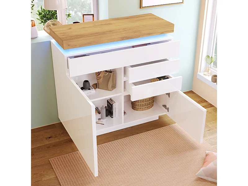 Commode 3 tiroirs, avec 2 portes et RGB LED, espace de rangement réglables, brillant, Blanc, 110x39x115cm