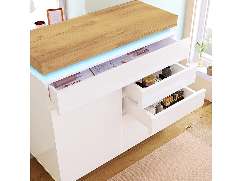 Commode 3 tiroirs, avec 2 portes et RGB LED, espace de rangement réglables, brillant, Blanc, 110x39x115cm