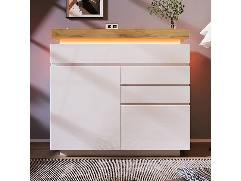 Cômoda 3 Gavetas, com 2 Portas e LED RGB, Armazenamento Ajustável, Brilhante, Branco 110x39x115cm