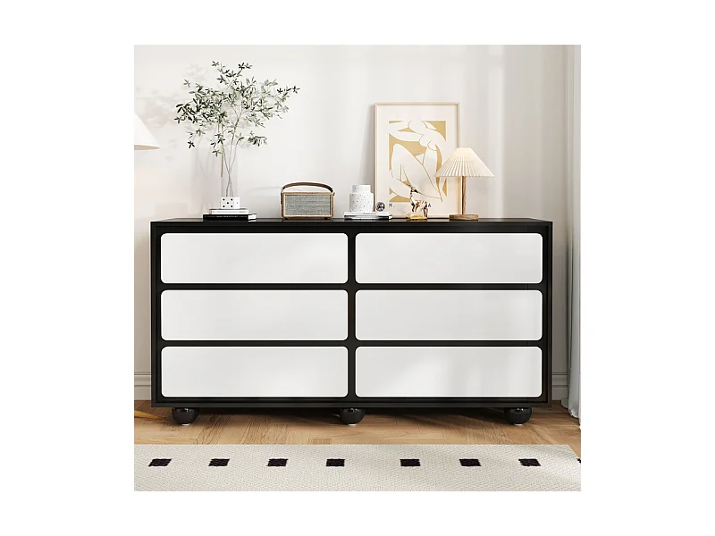 Commode 6 tiroirs - avec pieds en métal arrondis - sans poignée - coins arrondis - Noir et Blanc - 140x38x74,5cm