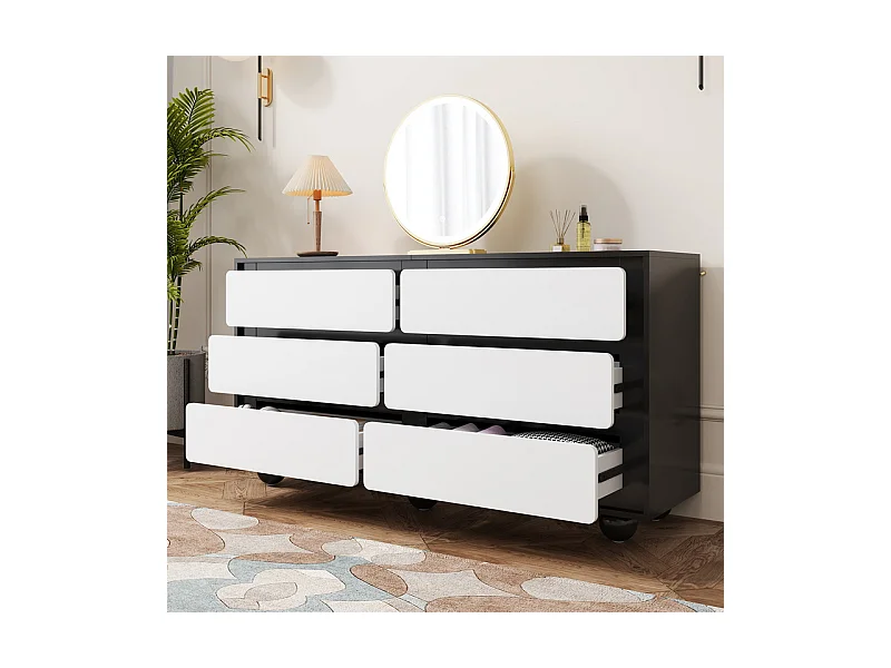 Commode 6 tiroirs - avec pieds en métal arrondis - sans poignée - coins arrondis - Noir et Blanc - 140x38x74,5cm