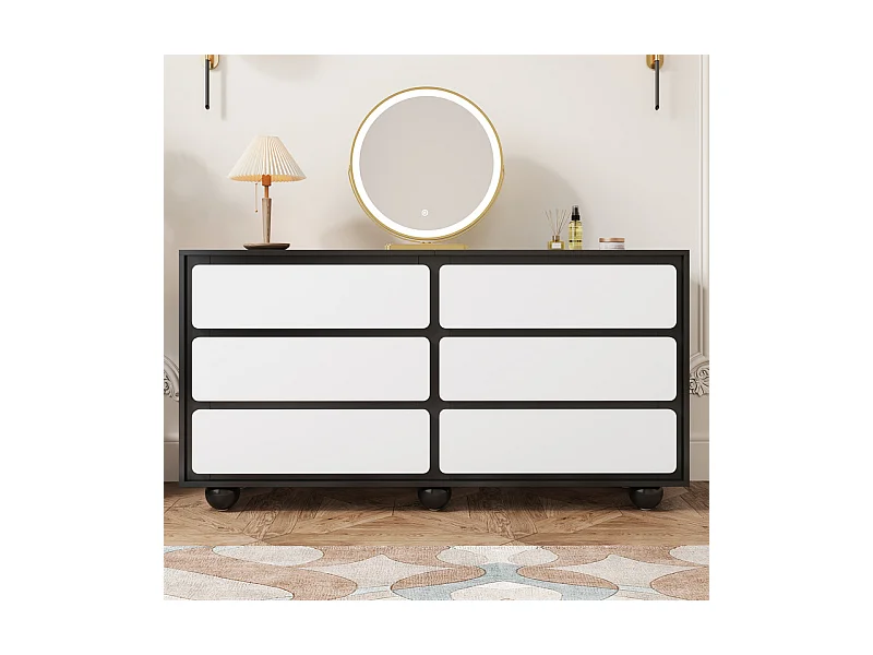 Commode 6 tiroirs - avec pieds en métal arrondis - sans poignée - coins arrondis - Noir et Blanc - 140x38x74,5cm