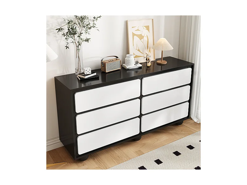 Commode 6 tiroirs - avec pieds en métal arrondis - sans poignée - coins arrondis - Noir et Blanc - 140x38x74,5cm