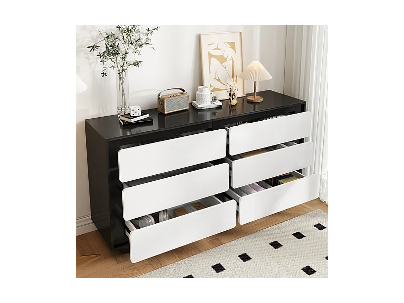Commode 6 tiroirs - avec pieds en métal arrondis - sans poignée - coins arrondis - Noir et Blanc - 140x38x74,5cm