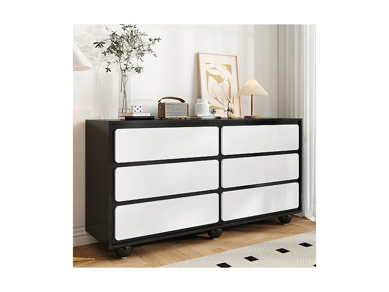 Commode 6 tiroirs - avec pieds en métal arrondis - sans poignée - coins arrondis - Noir et Blanc - 140x38x74,5cm