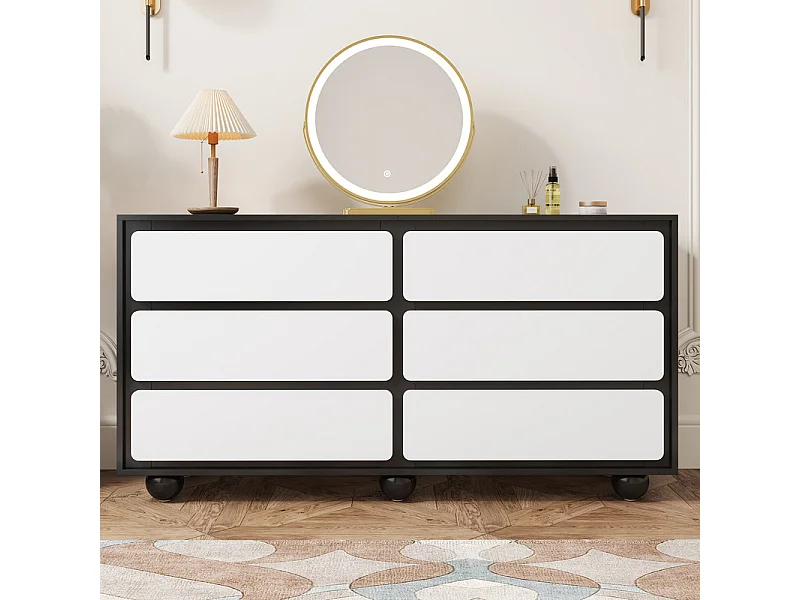 Commode 6 tiroirs - avec pieds en métal arrondis - sans poignée - coins arrondis - Noir et Blanc - 140x38x74,5cm
