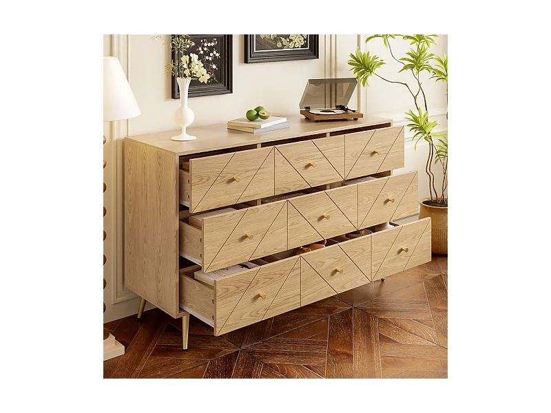 Kommode 9 Schubladen - mit Eisenfüßen - Spanplatte - Hell Natur 120x39x80cm