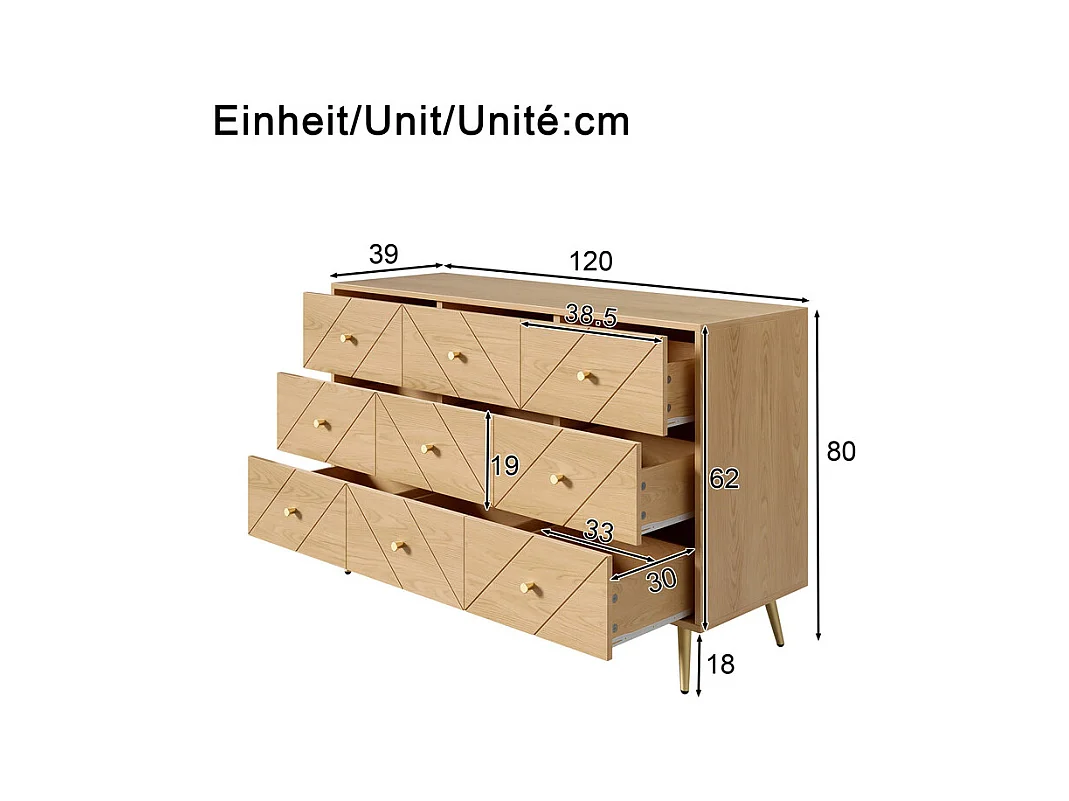 Kommode 9 Schubladen - mit Eisenfüßen - Spanplatte - Hell Natur 120x39x80cm
