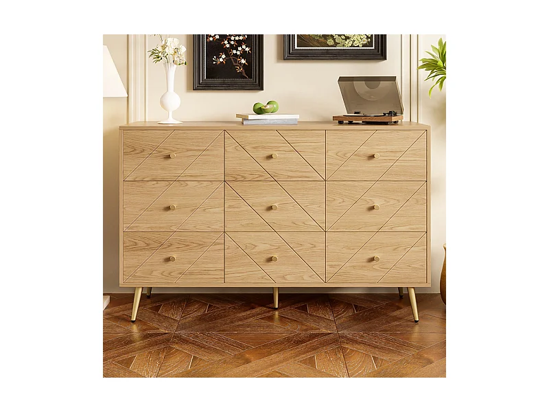 Kommode 9 Schubladen - mit Eisenfüßen - Spanplatte - Hell Natur 120x39x80cm