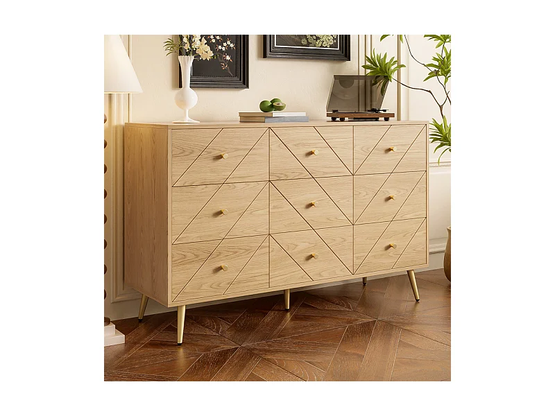 Kommode 9 Schubladen - mit Eisenfüßen - Spanplatte - Hell Natur 120x39x80cm