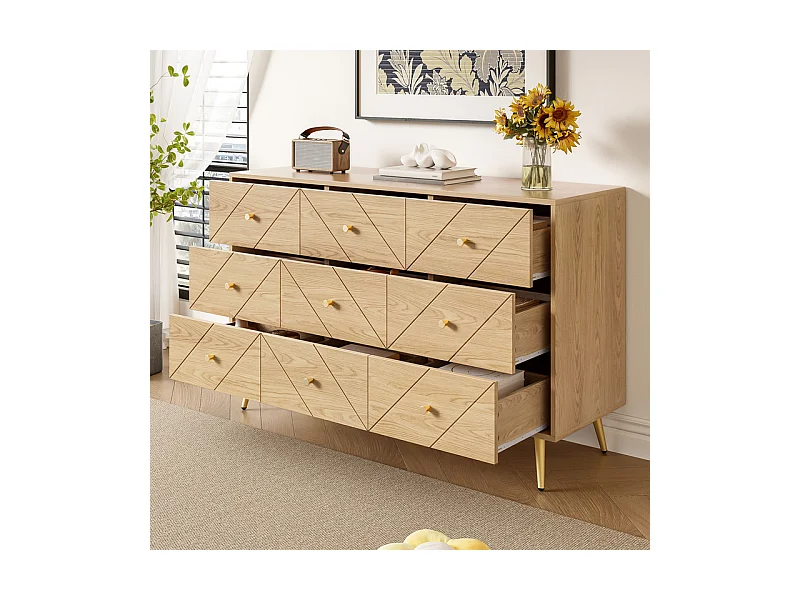 Kommode 9 Schubladen - mit Eisenfüßen - Spanplatte - Hell Natur 120x39x80cm