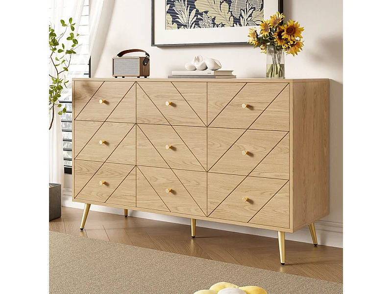 Commode 9 tiroirs - avec pieds en fer - Panneaux de particules - Naturel clair - 120x39x80cm