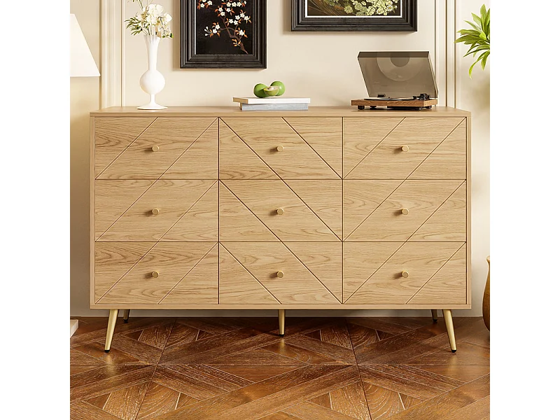 Commode 9 tiroirs - avec pieds en fer - Panneaux de particules - Naturel clair - 120x39x80cm