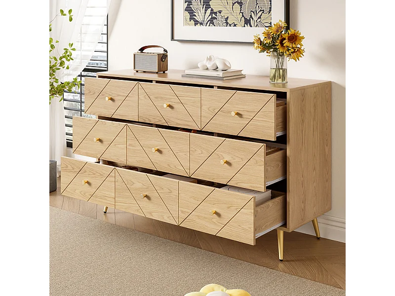 Commode 9 tiroirs - avec pieds en fer - Panneaux de particules - Naturel clair - 120x39x80cm