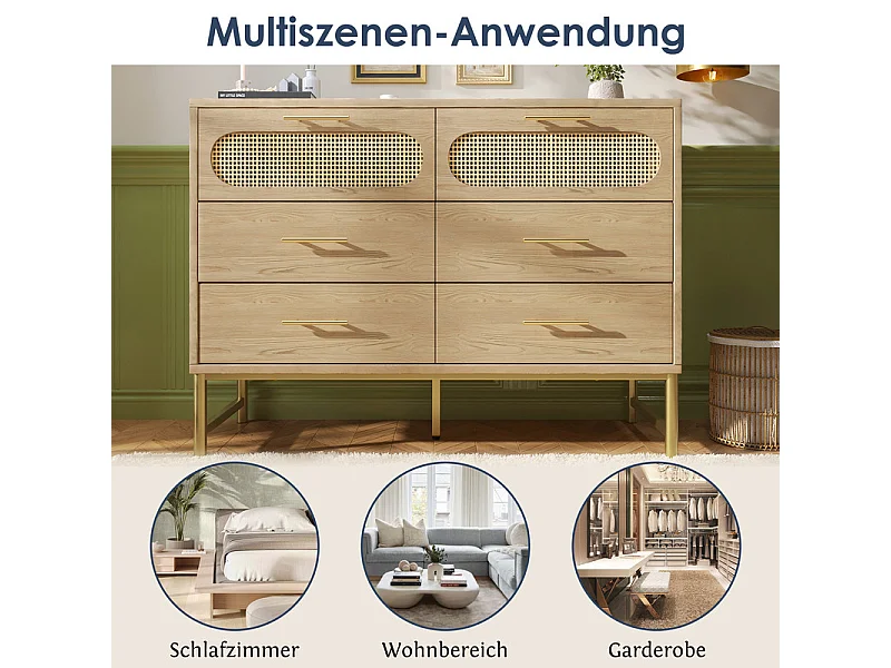 Kommode 6 Schubladen - mit Metallgriffen und Füßen - Kippsicherung 120x40x74cm