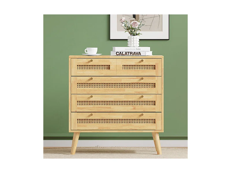 Kommode 3 Rattan Schubladen - mit Klappdeckel - Metallgriff und Holzfüße 80x40x83cm