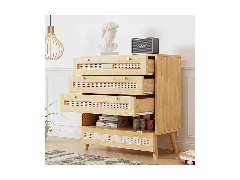 Kommode 3 Rattan Schubladen - mit Klappdeckel - Metallgriff und Holzfüße 80x40x83cm