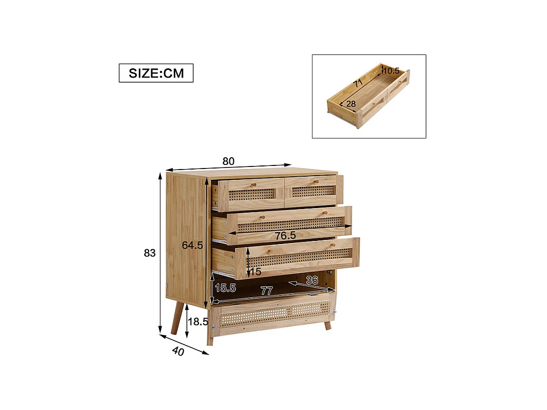 Kommode 3 Rattan Schubladen - mit Klappdeckel - Metallgriff und Holzfüße 80x40x83cm