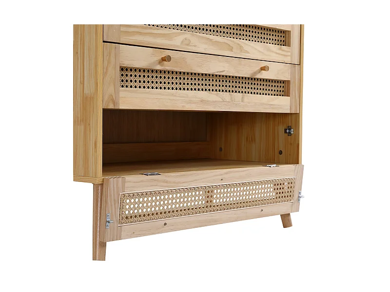 Kommode 3 Rattan Schubladen - mit Klappdeckel - Metallgriff und Holzfüße 80x40x83cm