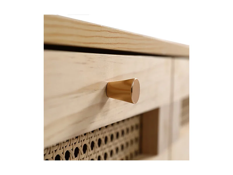 Kommode 3 Rattan Schubladen - mit Klappdeckel - Metallgriff und Holzfüße 80x40x83cm