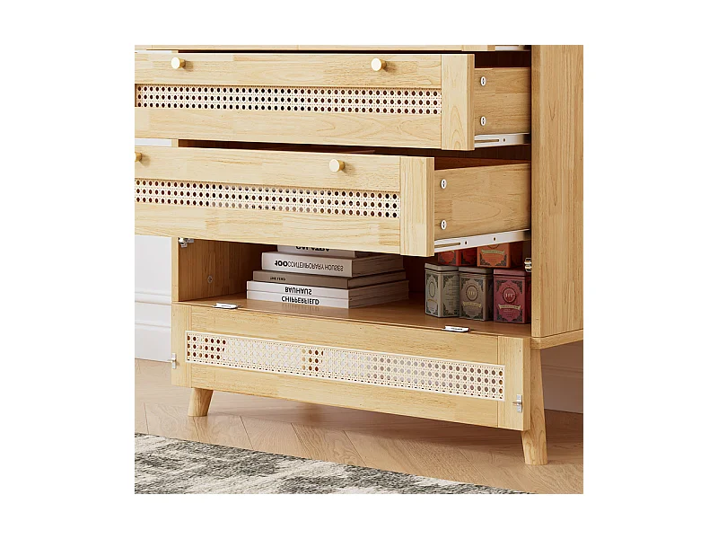 Kommode 3 Rattan Schubladen - mit Klappdeckel - Metallgriff und Holzfüße 80x40x83cm