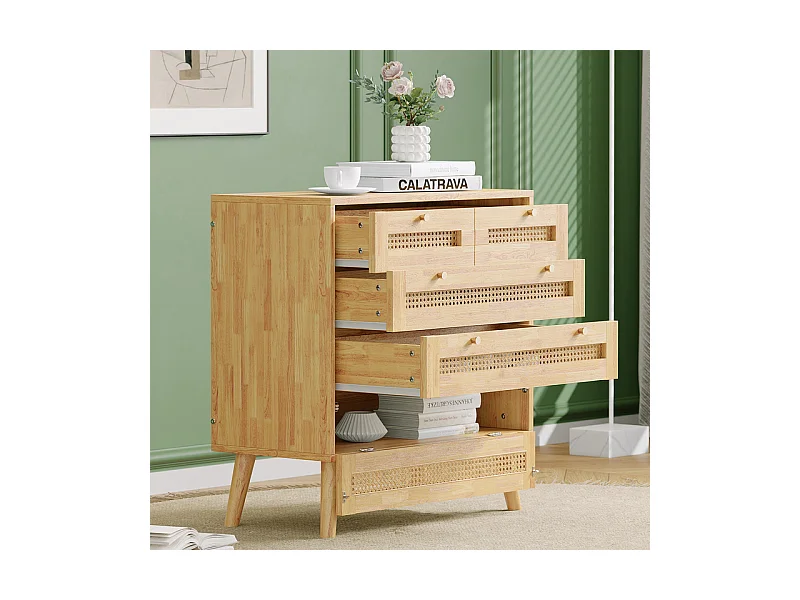 Kommode 3 Rattan Schubladen - mit Klappdeckel - Metallgriff und Holzfüße 80x40x83cm