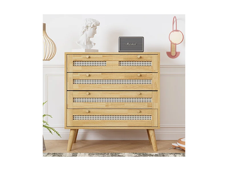 Kommode 3 Rattan Schubladen - mit Klappdeckel - Metallgriff und Holzfüße 80x40x83cm