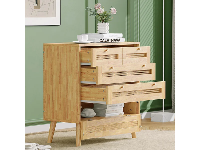 Commode 3 tiroirs en rotin, avec couvercle bas rabattable, poignée en métal et pieds en bois, 80x40x83cm