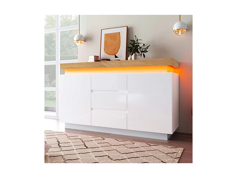 Commode 3 tiroirs - avec réglables LED et étagères - 2 portes - brillant - Blanc - 140x39x81cm