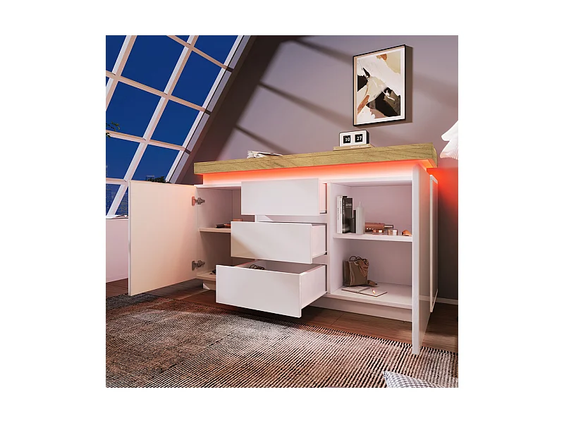 Commode 3 tiroirs - avec réglables LED et étagères - 2 portes - brillant - Blanc - 140x39x81cm