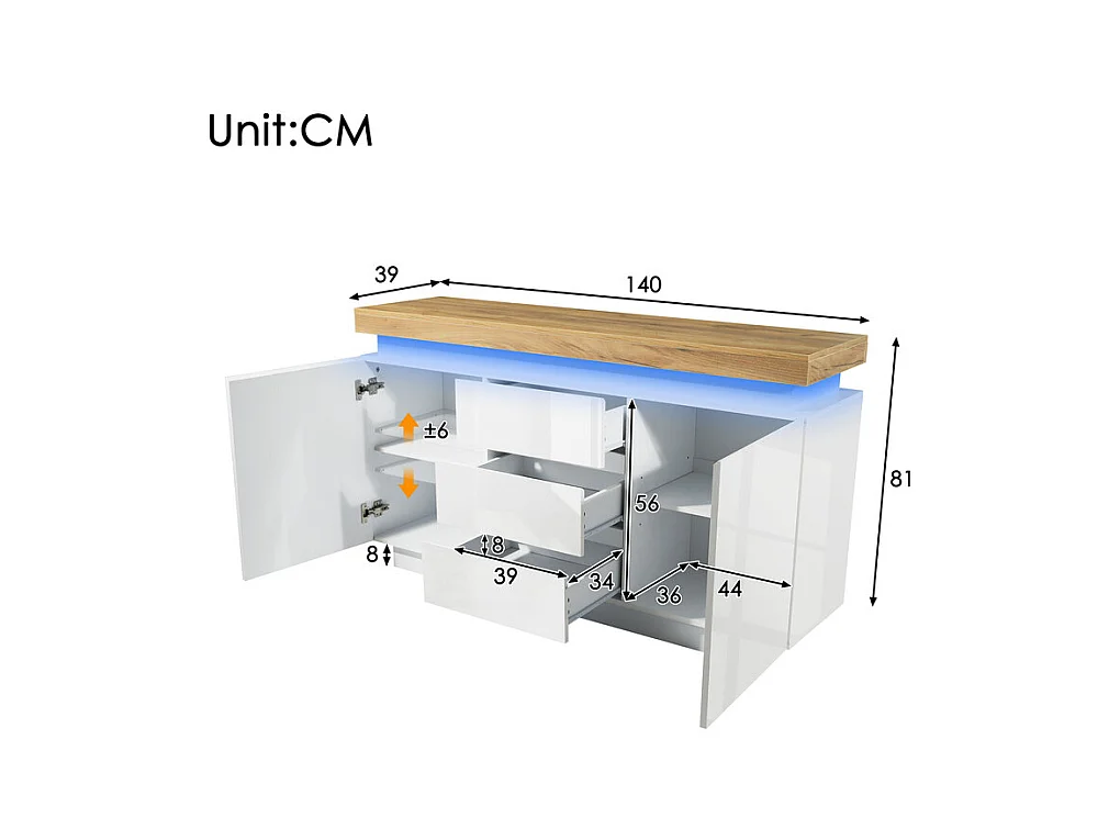 Commode 3 tiroirs - avec réglables LED et étagères - 2 portes - brillant - Blanc - 140x39x81cm