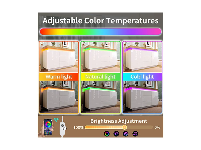 Commode 3 tiroirs - avec réglables LED et étagères - 2 portes - brillant - Blanc - 140x39x81cm