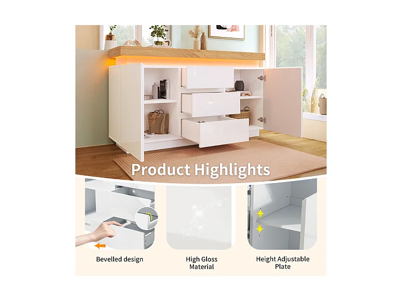 Commode 3 tiroirs - avec réglables LED et étagères - 2 portes - brillant - Blanc - 140x39x81cm