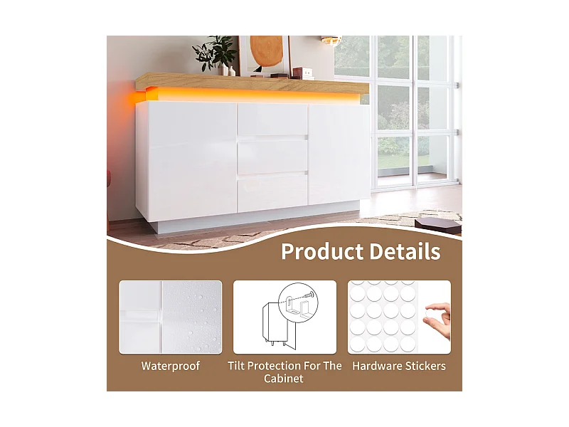 Commode 3 tiroirs - avec réglables LED et étagères - 2 portes - brillant - Blanc - 140x39x81cm