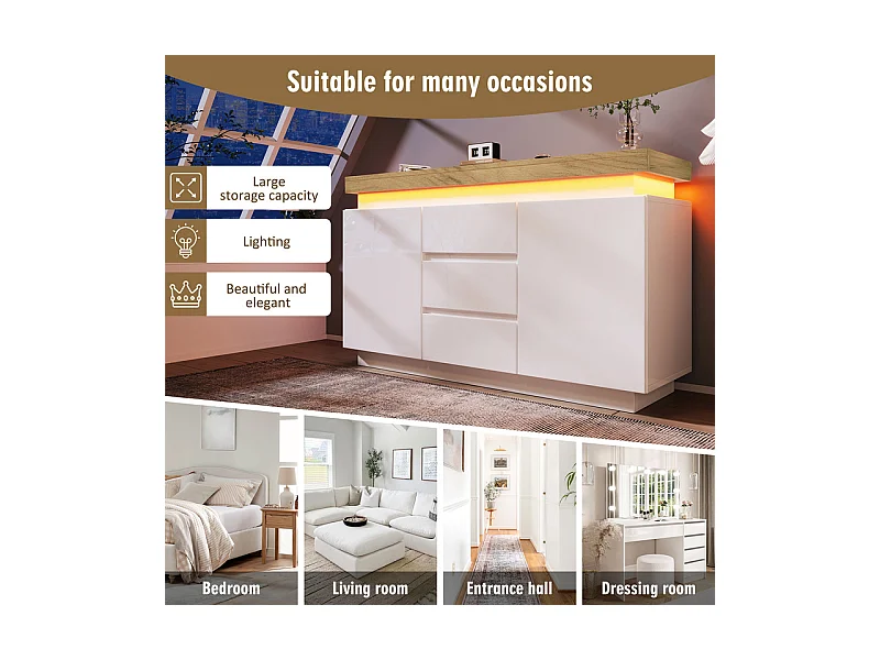 Commode 3 tiroirs - avec réglables LED et étagères - 2 portes - brillant - Blanc - 140x39x81cm