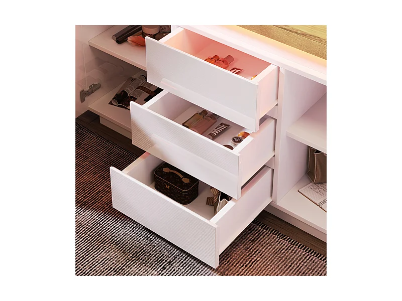 Commode 3 tiroirs - avec réglables LED et étagères - 2 portes - brillant - Blanc - 140x39x81cm