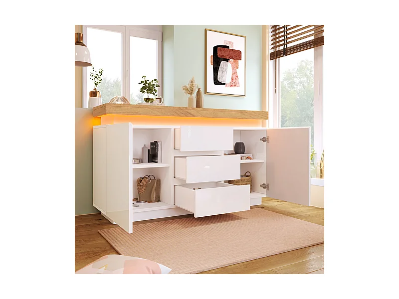Commode 3 tiroirs - avec réglables LED et étagères - 2 portes - brillant - Blanc - 140x39x81cm