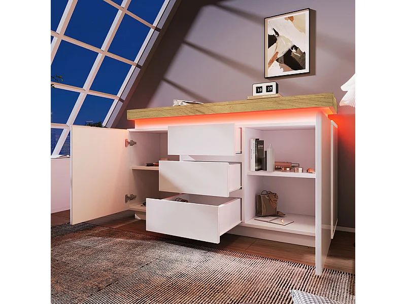 Commode 3 tiroirs - avec réglables LED et étagères - 2 portes - brillant - Blanc - 140x39x81cm