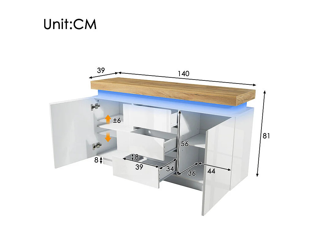 Commode 3 tiroirs - avec réglables LED et étagères - 2 portes - brillant - Blanc - 140x39x81cm