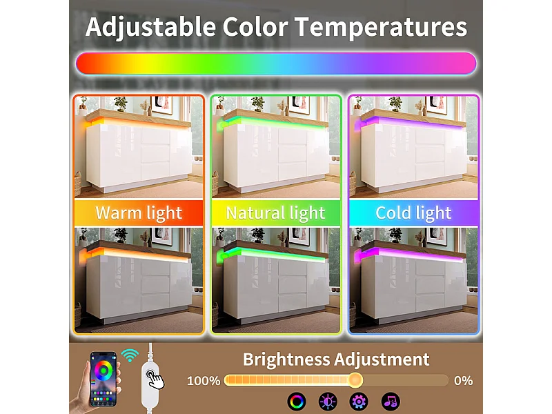 Commode 3 tiroirs - avec réglables LED et étagères - 2 portes - brillant - Blanc - 140x39x81cm