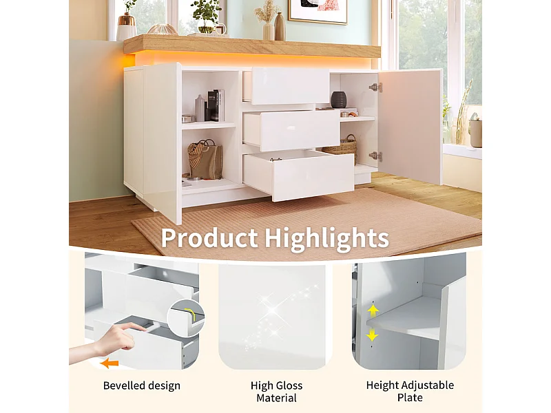 Commode 3 tiroirs - avec réglables LED et étagères - 2 portes - brillant - Blanc - 140x39x81cm